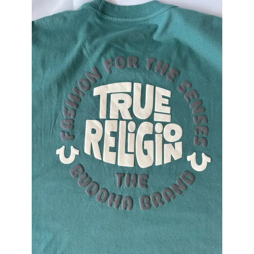 True Religion Mens Green Puff Print Graphic T-Shirt Fashion For The Senses NWT L